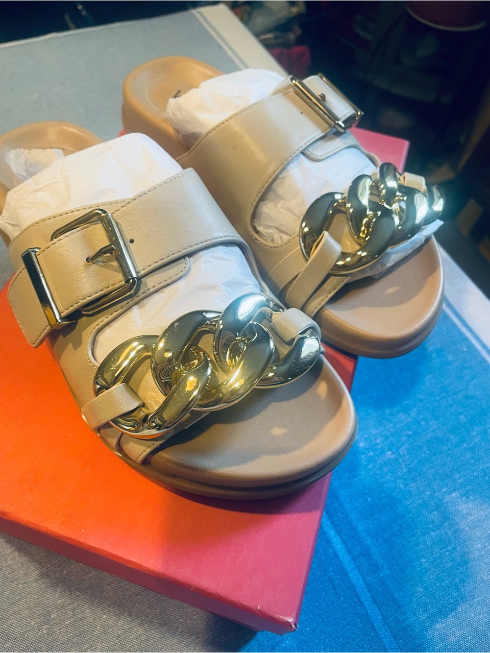 Vaneli Beige Slide Sandals with Gold Chain and Buckle